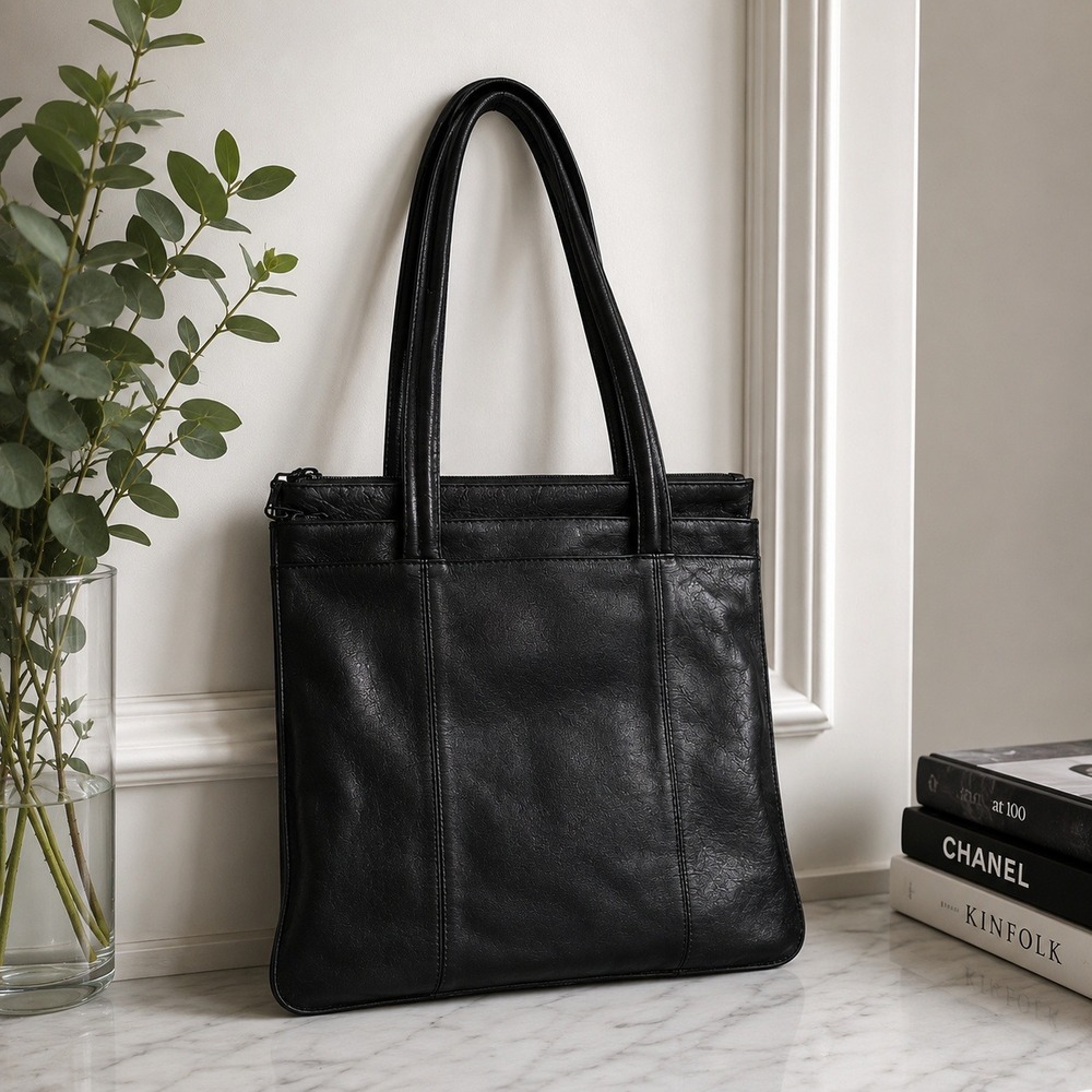 Derek Alexander Tote Purse Women Sleek Black Slim 90s Leather Shoulder Bag Roomy